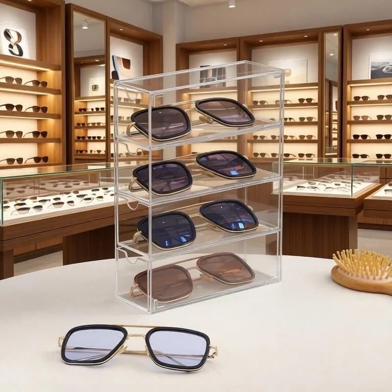 Acrylic 4-Tier Stackable Drawer Organizer Box-Dustproof Desktop Eyewear Storage Display Case for Glasses Sunglasses Stationery​