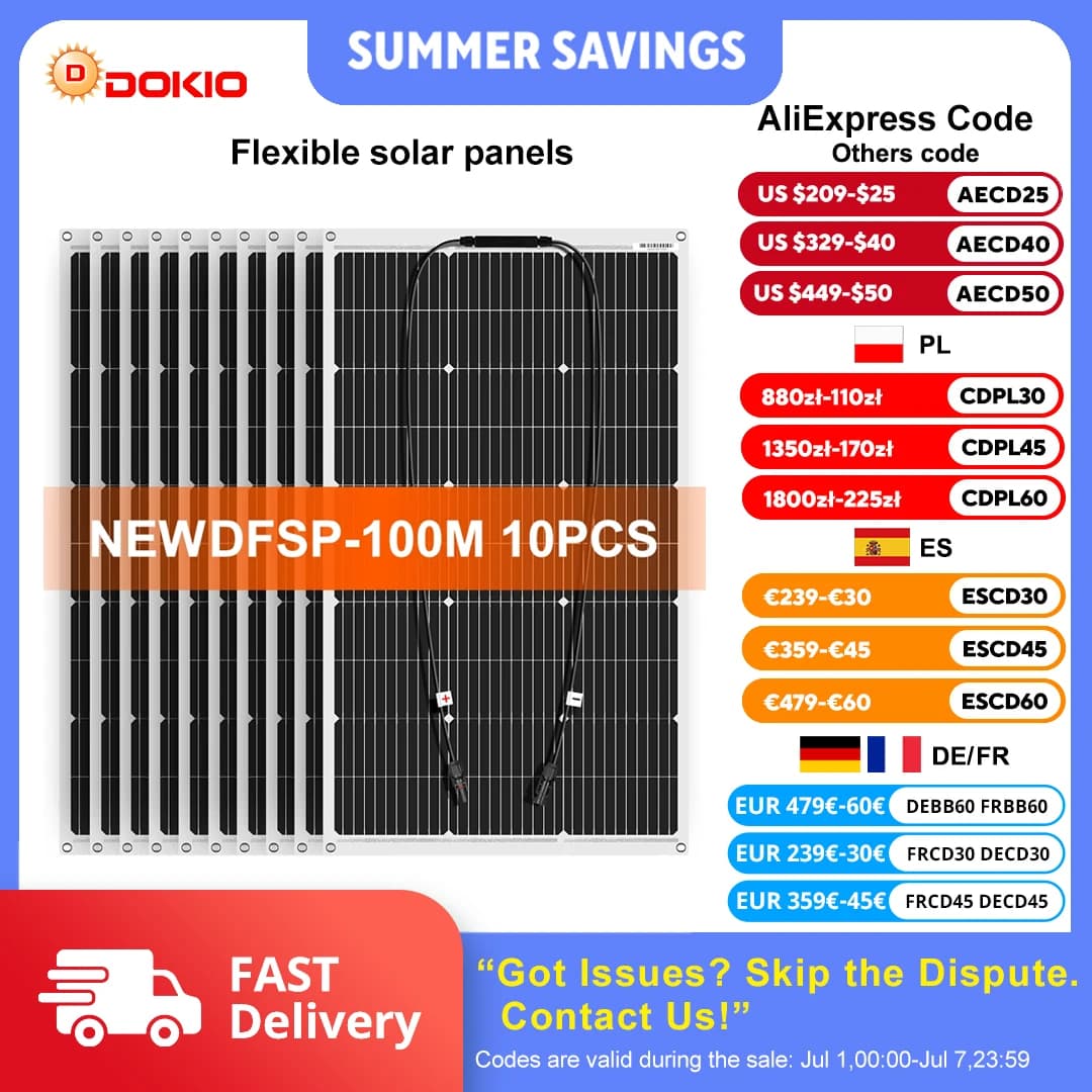 Flexible solar panel Dokio 18V 10 pcs 100W monocrystalline for car/home, waterproof, charging 12V, solar panel 1000W