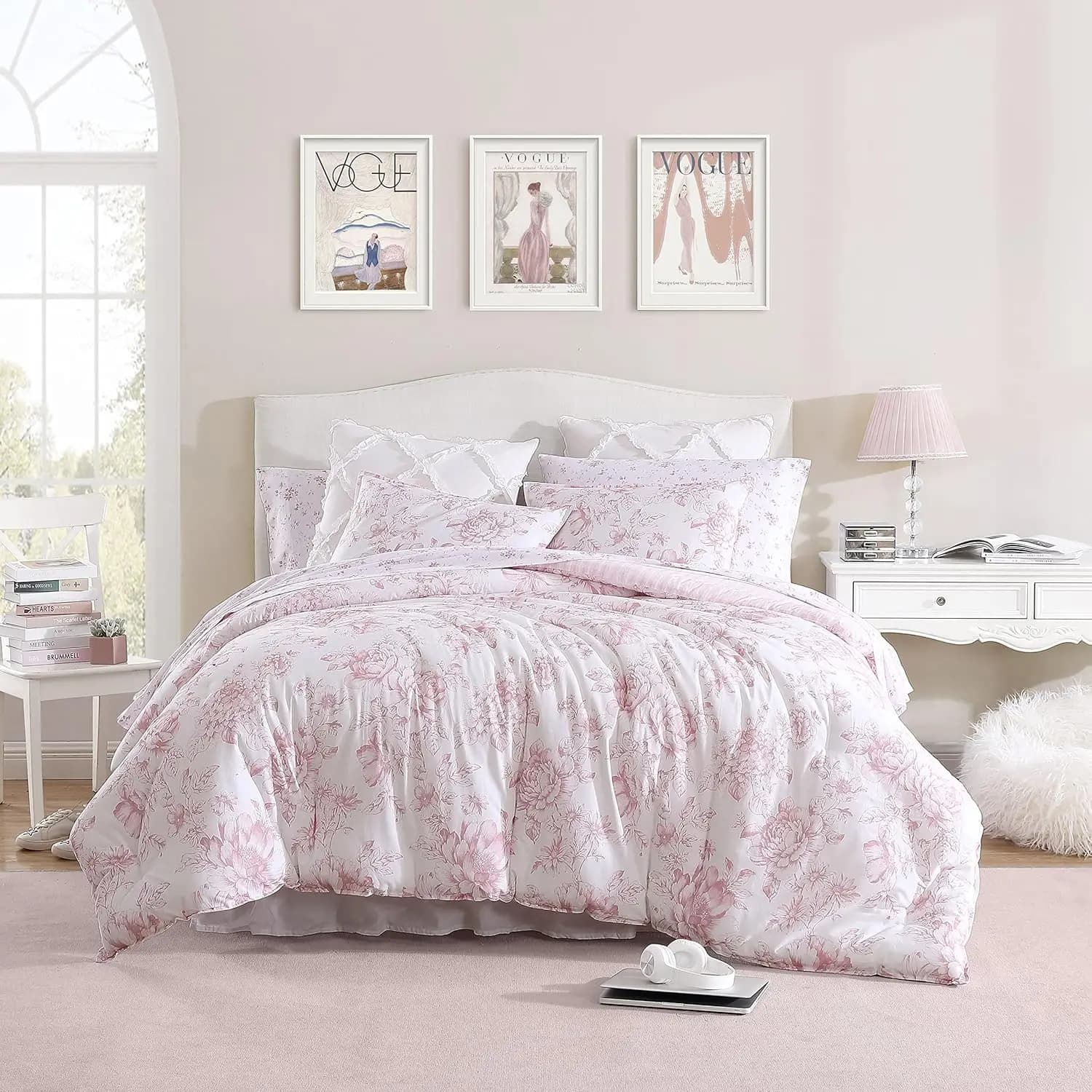 Set Copripiumino Reversibile in Cotone, Biancheria da Letto per Tutte le Stagioni con Federa in Rosa Malva