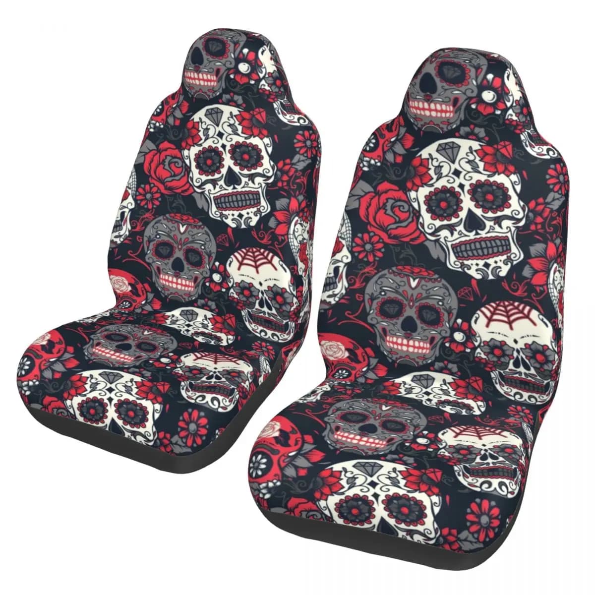 Red universal seat cover with Sugar Skull pattern for SUVs, front and rear, in lacquered fabric, polyester seat protection
