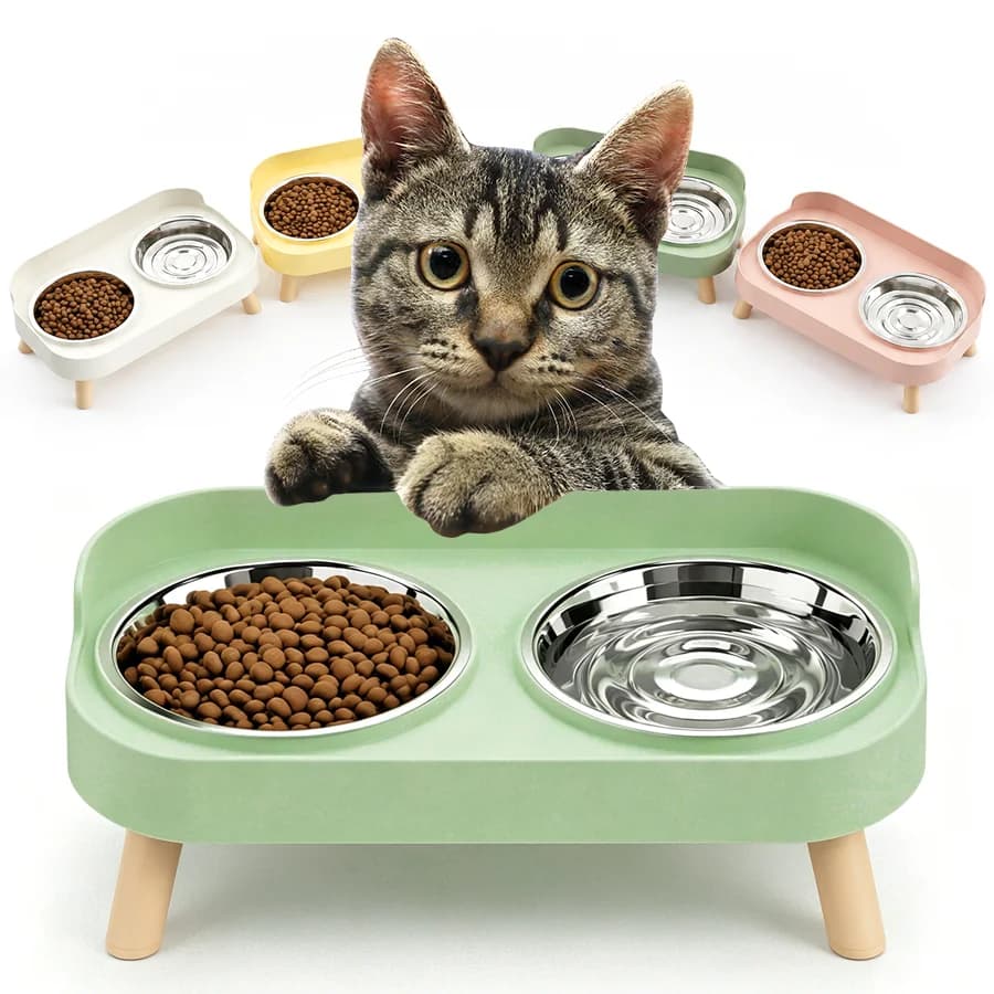 1pc Double Stainless Steel Pet Bowls with Wooden Leg Stand, Raised Cat Dog Feeding Bowl, Plastic Frame Pet Food Water XJM