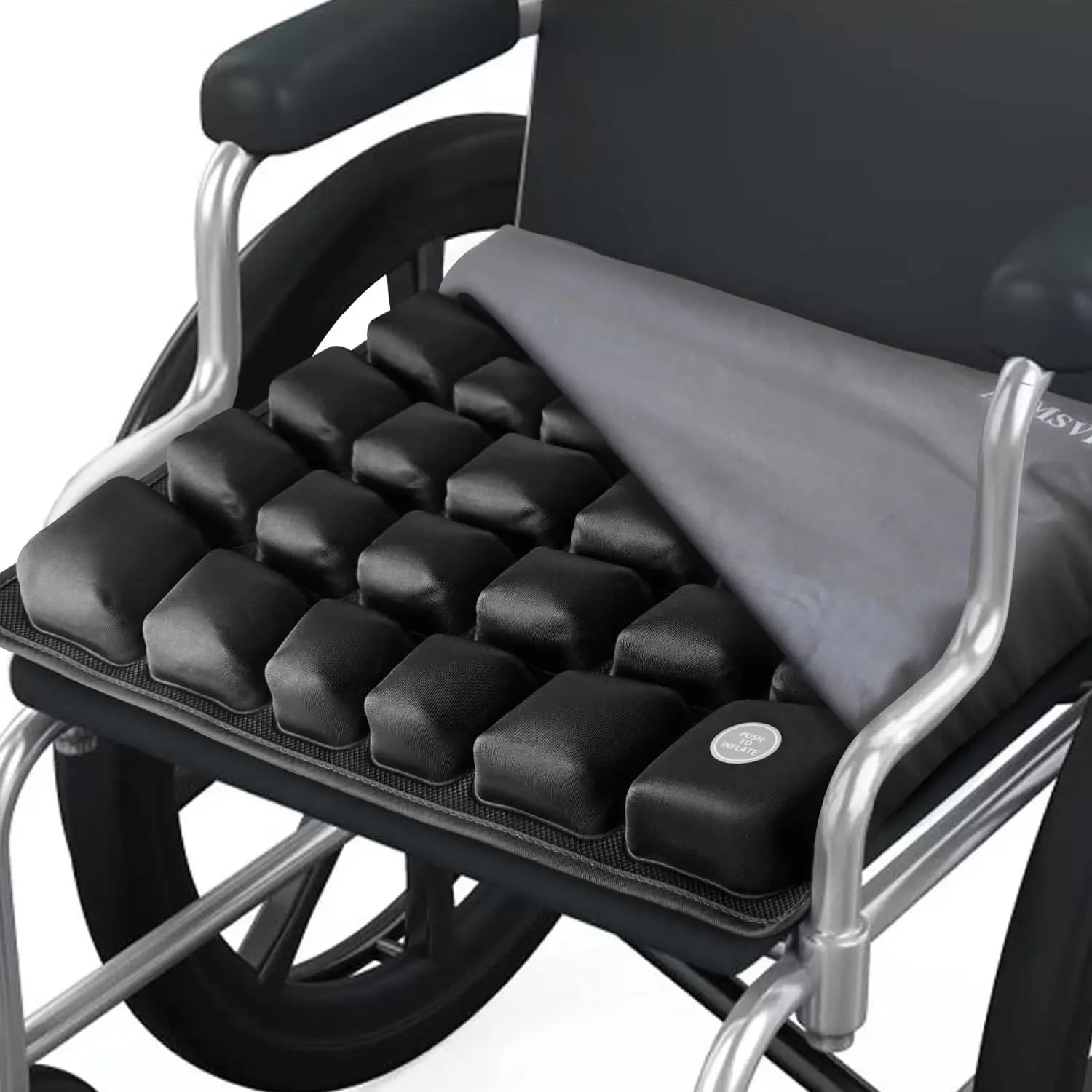 Cuscino gonfiabile per auto, ufficio, sedia a rotelle - Durezza regolabile, supporto ergonomico per la schiena, rivestimento grigio