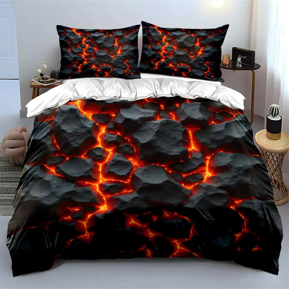 3Pcs Lava Rock Bedding Set, Volcanic Magma Crack Print Duvet Cover + 2 Pillowcases, Hot Red Fire Rock Pattern for Cool Bedroom