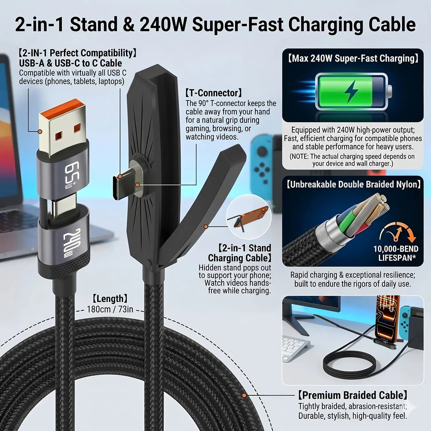 Cavo di Ricarica Rapida USB Type-C 240W 2-IN-1 con Supporto Pieghevole, Linea di Ricarica Veloce Type-C, Cavo USB con Supporto per Telefono Cellulare