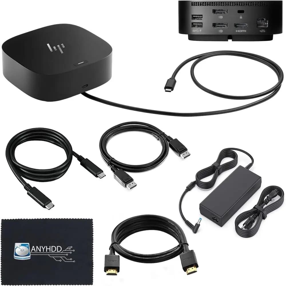Docking Station and Dual Monitor Charging Bundle with 120W Adapter, HDMI, DisplayPort, USB-C Cables, Microfiber Cloth (Renewed)