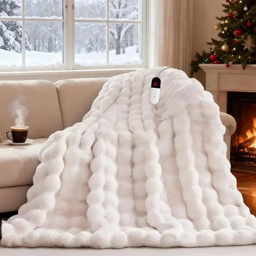 Coperta Elettrica Riscaldata con 6 Livelli di Riscaldamento Rapido, Spegnimento Automatico dopo 4 Ore, 50x60 cm, in Finta Pelliccia di Coniglio, Lavabile
