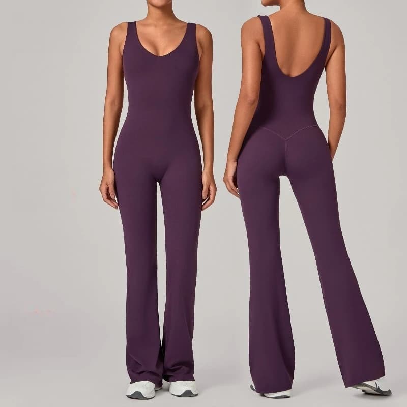 Tuta da yoga svasata per allenamento in palestra senza cuciture Tuta sportiva attillata in un unico pezzo Pantaloni a gamba larga Abbigliamento da fitness per donna