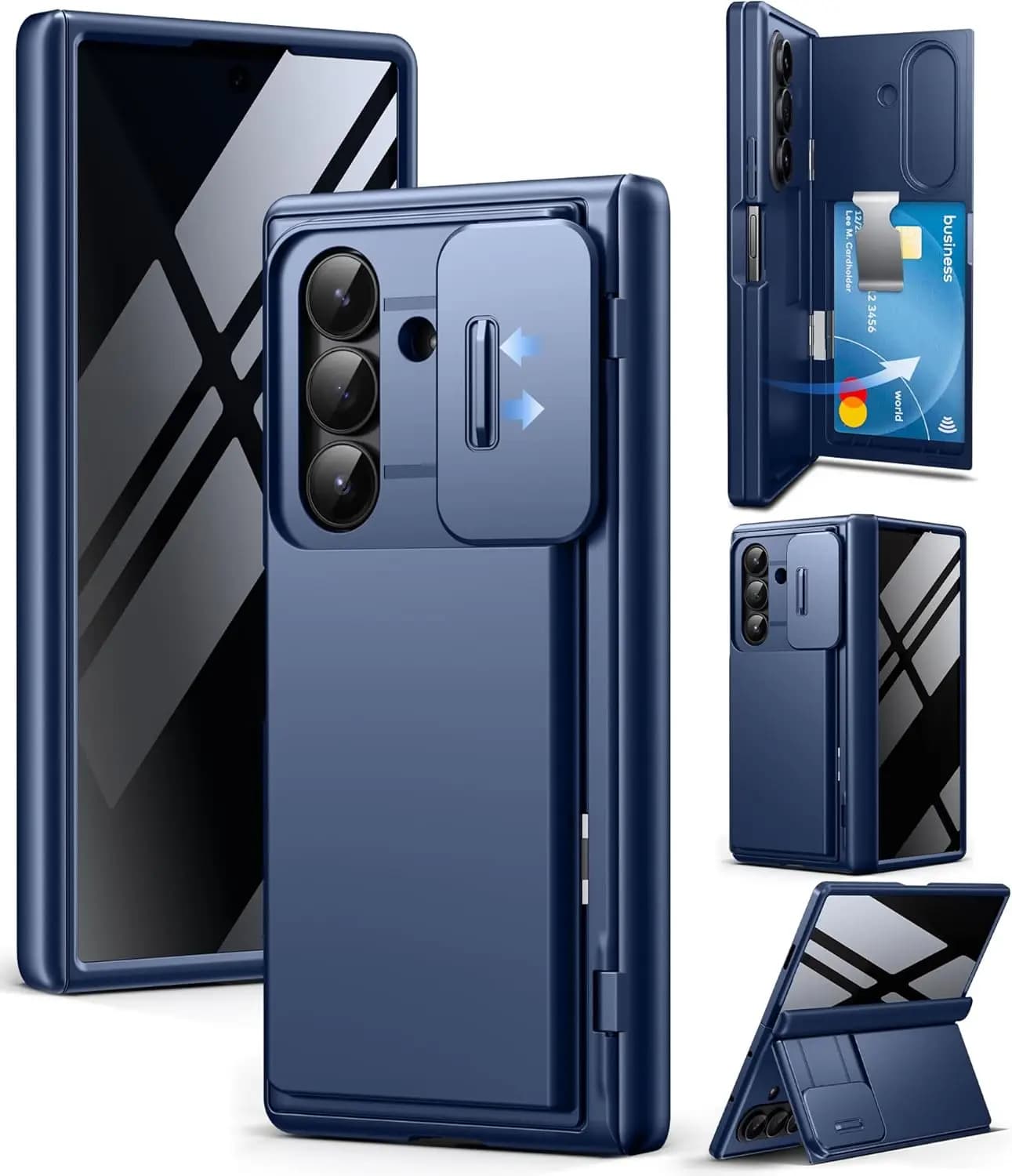 Custodia Pieghevole per Telefono con Schermo Privacy, Porta Carte e Supporto per Samsung Z Fold 7 2025, Blu