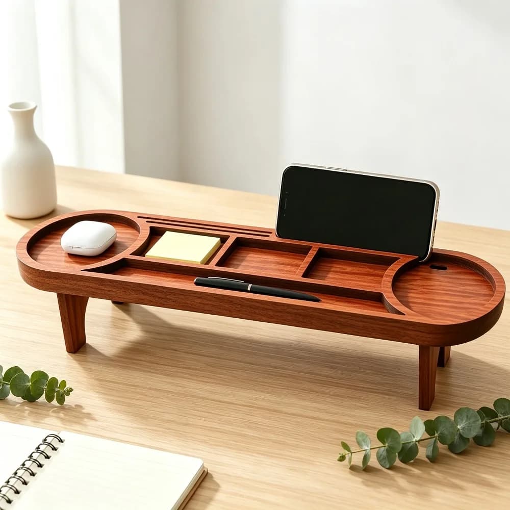 Wooden Desk Organizer with Phone Stand Multi Functional Desktop Storage Rack for Office Home Stationery Pen Holder Accessories