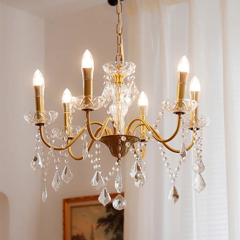 French Retro Crystal E14 Pendant Lights Gold Luxury Villa Living Dining Room Candle Chandeliers Lighting Bedroom Lustre Lamps
