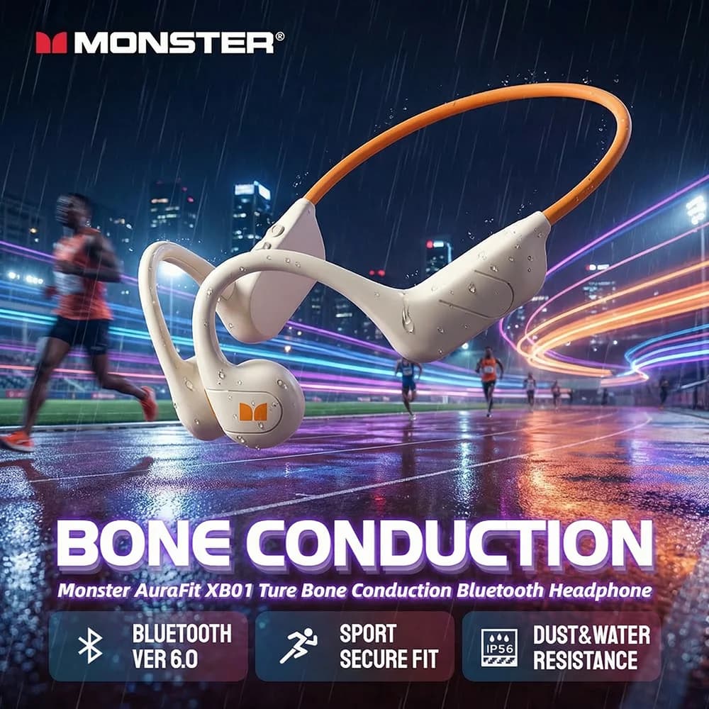 Cuffie a Conduzione Ossea Monster AuraFit XB01, Auricolari Bluetooth 6.0 Sportivi con Gancio per Orecchio, IP56 Resistenti a Polvere/Acqua, Wireless