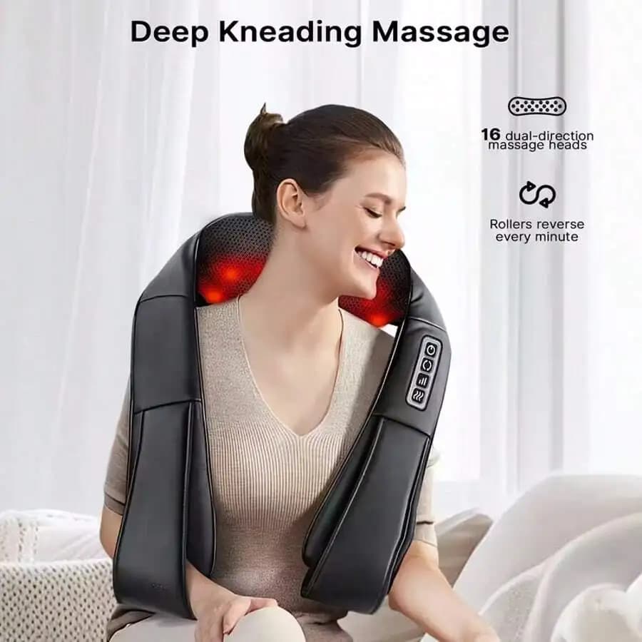 Cuscino Massaggiante per Collo e Schiena con Pressione Digitale - Massaggio Profondo, Intensità Regolabile, Ergonomico, Portatile per Casa, Ufficio e Auto.