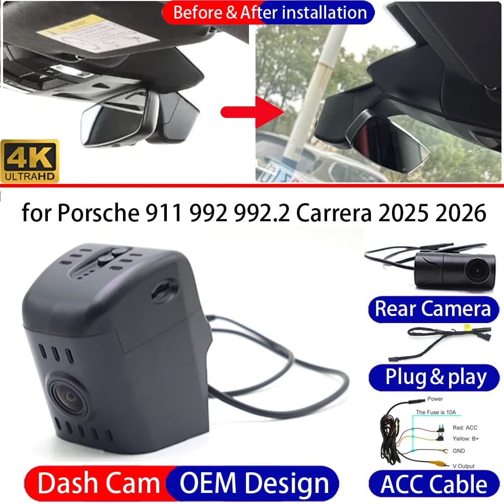 Dash Cam per Porsche 911 992 992.2 Carrera 2025 2026 Anteriore Posteriore 4K UHD Registratore di Guida DVR Telecamera da Cruscotto Visione Notturna