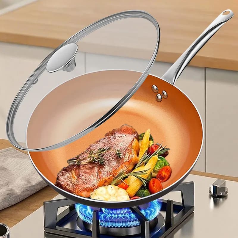 8 "10" Copper non-stick pan with lid Titanium ceramic interior Frying pan Kitchen pan Pots