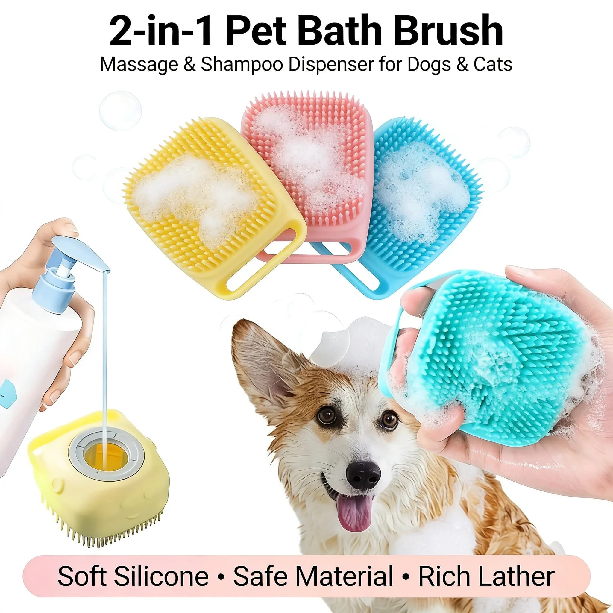 Spazzola 2-in-1 per bagno e massaggio per animali domestici con contenitore per shampoo, strumento in silicone per la toelettatura di cani e gatti, per cuccioli e gattini con pelle sensibile