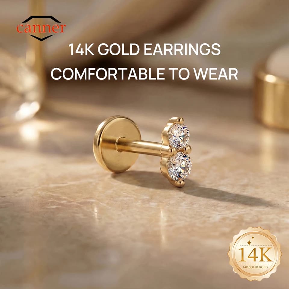 CANNER 1PC 14K Solid Gold Double CZ Flat Back Cartilage Helix Tragus G23 Titanium Piercing Earring For Women Classic Jewelry