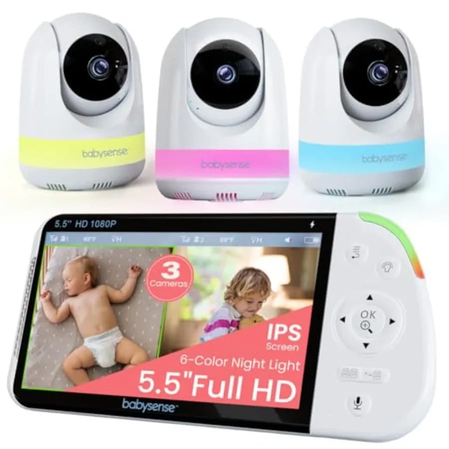 Baby Monitor Babysense 5.5 Full-HD con Schermo Diviso, 3 Telecamere, Luce Notturna RGB a 6 Colori, Portata 300m, Batteria 5000mAh, Video e Audio