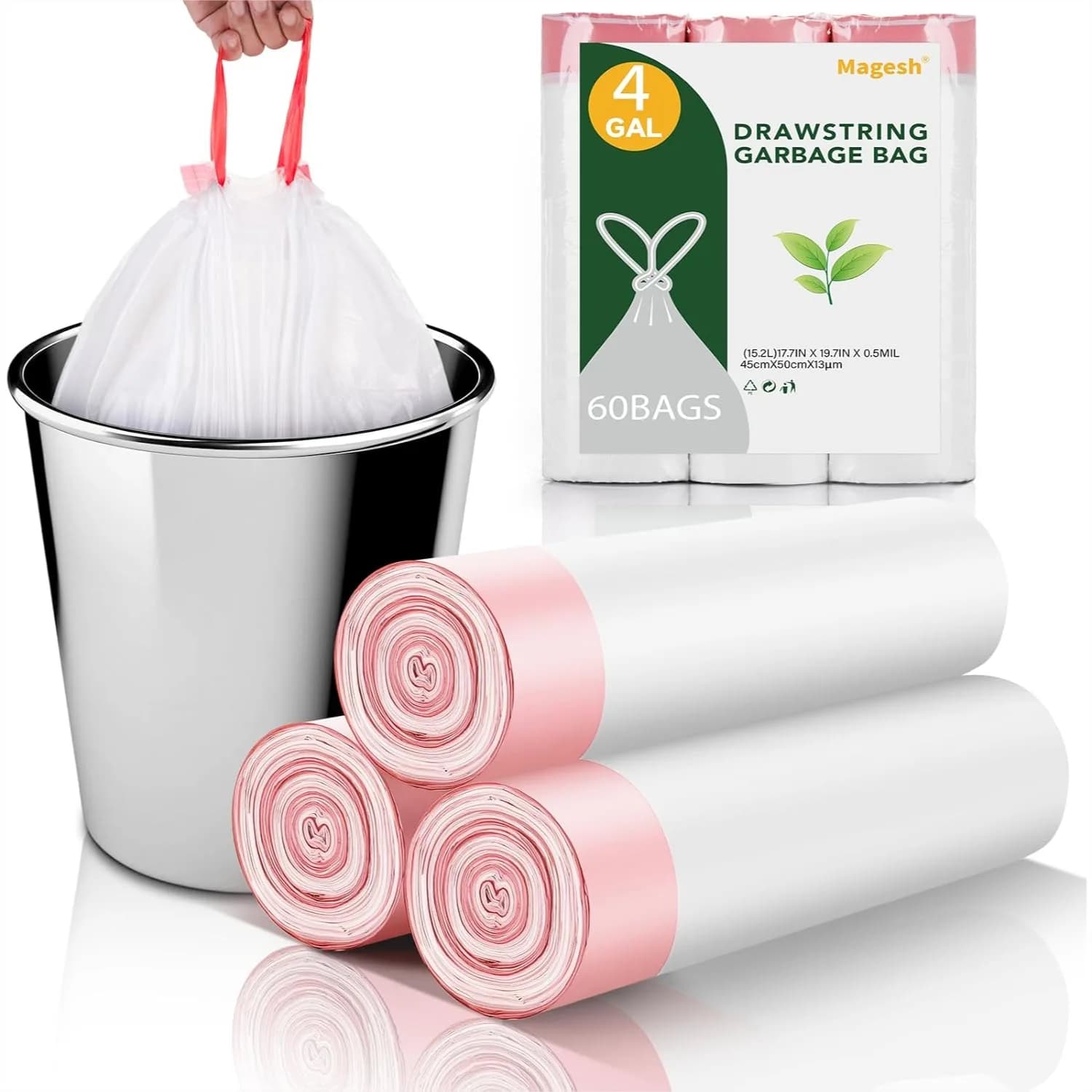 Sacchetti per la Spazzatura con Cordoncino da 4 Galloni, Confezione da 60 - Sacchetti Trasparenti Non Profumati in Plastica Resistente per Cestini di Rifiuti, Ideali per Casa, Cucina e Bagno