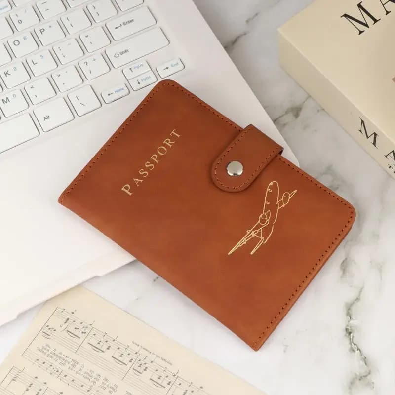 Soft PU Leather Passport Holder Airplane Embossed Snap Button Lightweight Travel Passport Cover for Couples Trips