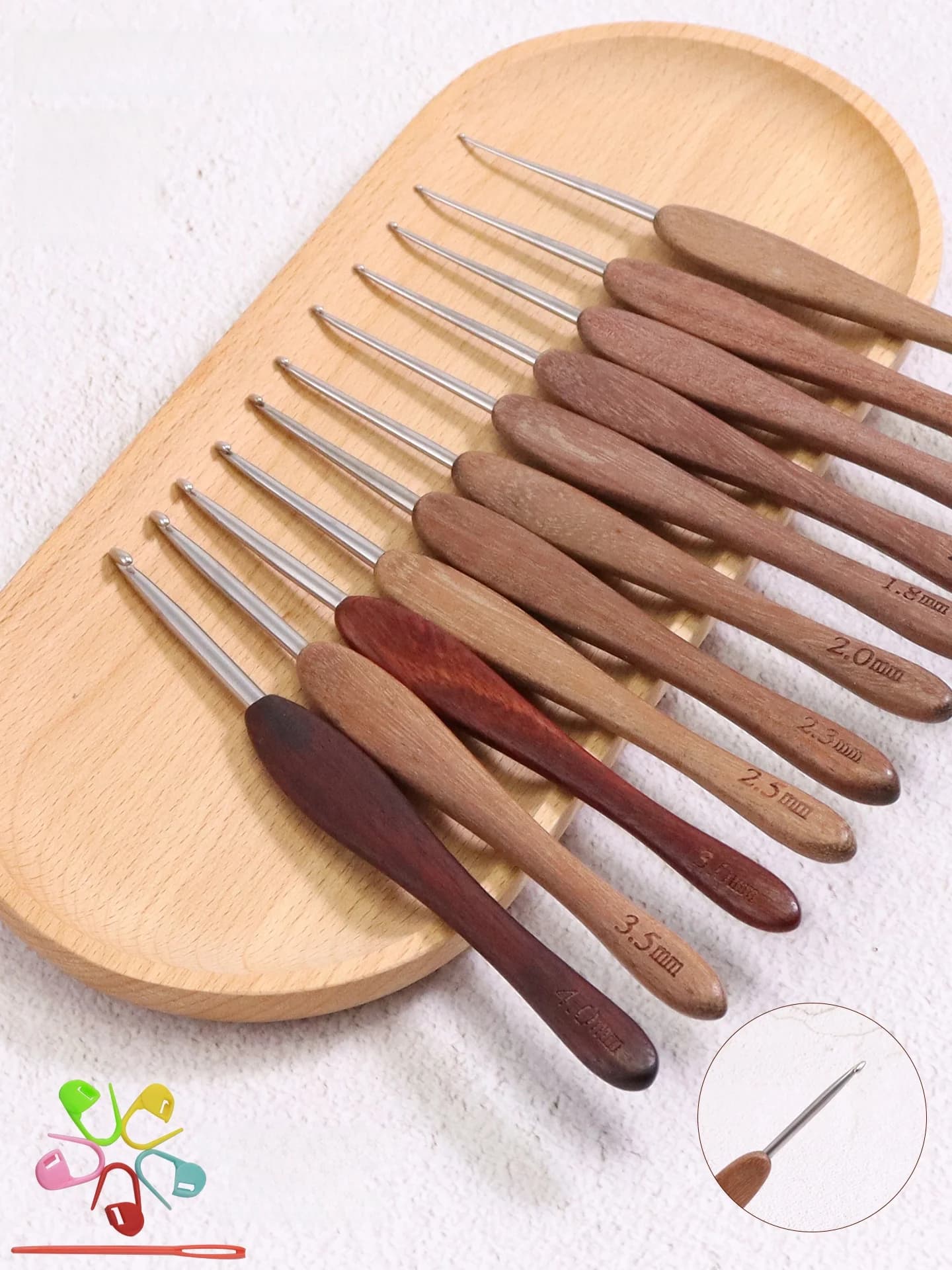 Set di Ferri da Uncinetto in Legno di Teak Rosso Fatti a Mano, Strumenti in Acciaio Inox per Lavoro a Maglia, Materiali per Cucito e Fai-da-Te