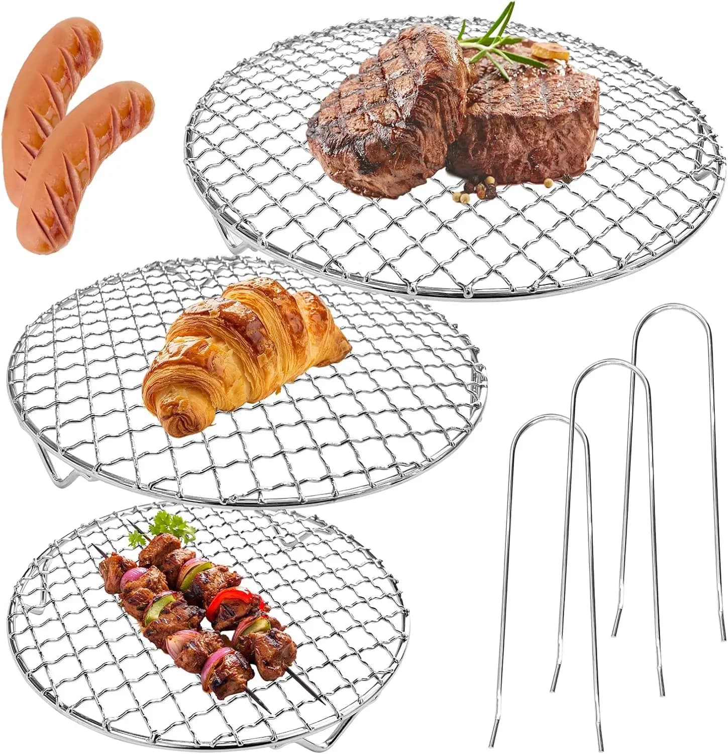Set of 3 Stainless Steel Cooling Grills, Measures 7.5" 9" 10" with Cooking Handle, Barbecue, Air Fryer - Durable and Versatile
