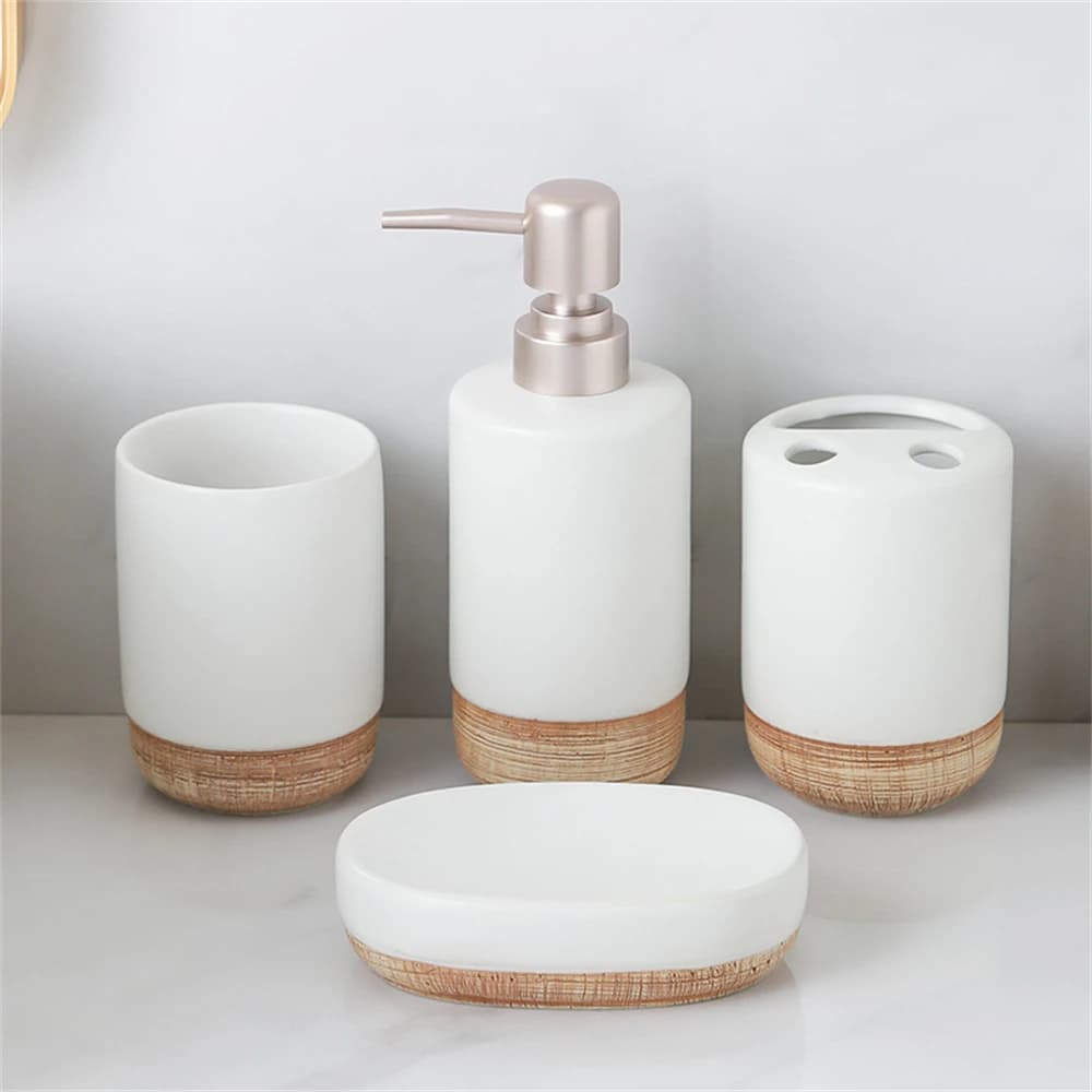 Set di 4 Accessori Bagno in Ceramica di Lusso, Corpo Bianco con Base Effetto Legno: Portaspazzolino, Bicchiere per Spazzolino, Portasapone