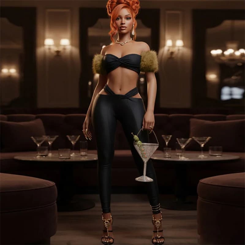 Doyerl Bodycon Bandage Co Ords Sets for Woman 2 Pieces Rave Club Party Off Shoulder Fur Strapless Crop Top and Pants Matching