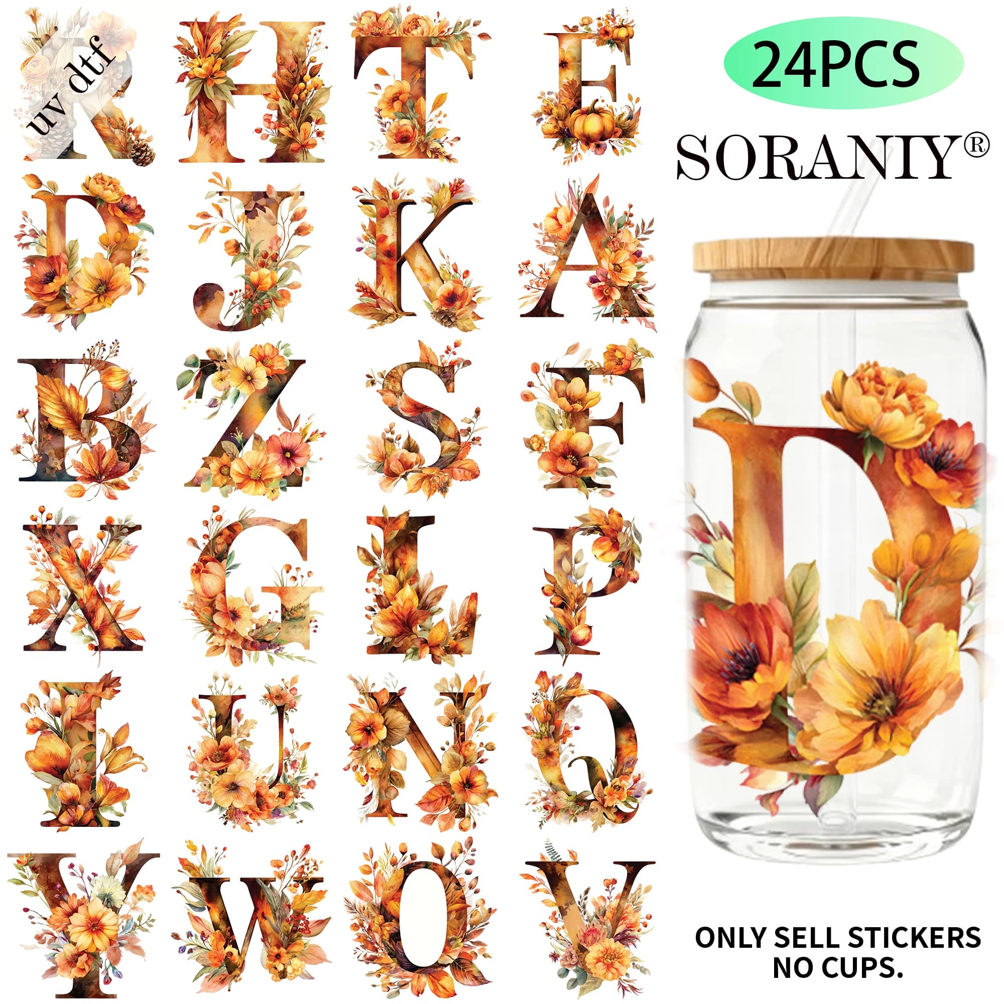 24PCS/Set Watercolor Fall Alphabet Themed UV DTF 16OZ DIY Transfer Paper Set Used For 16oz Water Bottles Glass
