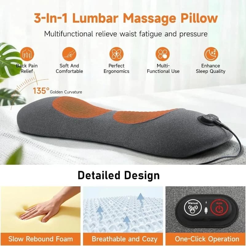 3 in 1 Lumbar Support Pillow with Adjustable Height for Bed Chair, Back Massager with Heat, Memory Foam Lower Back Massager