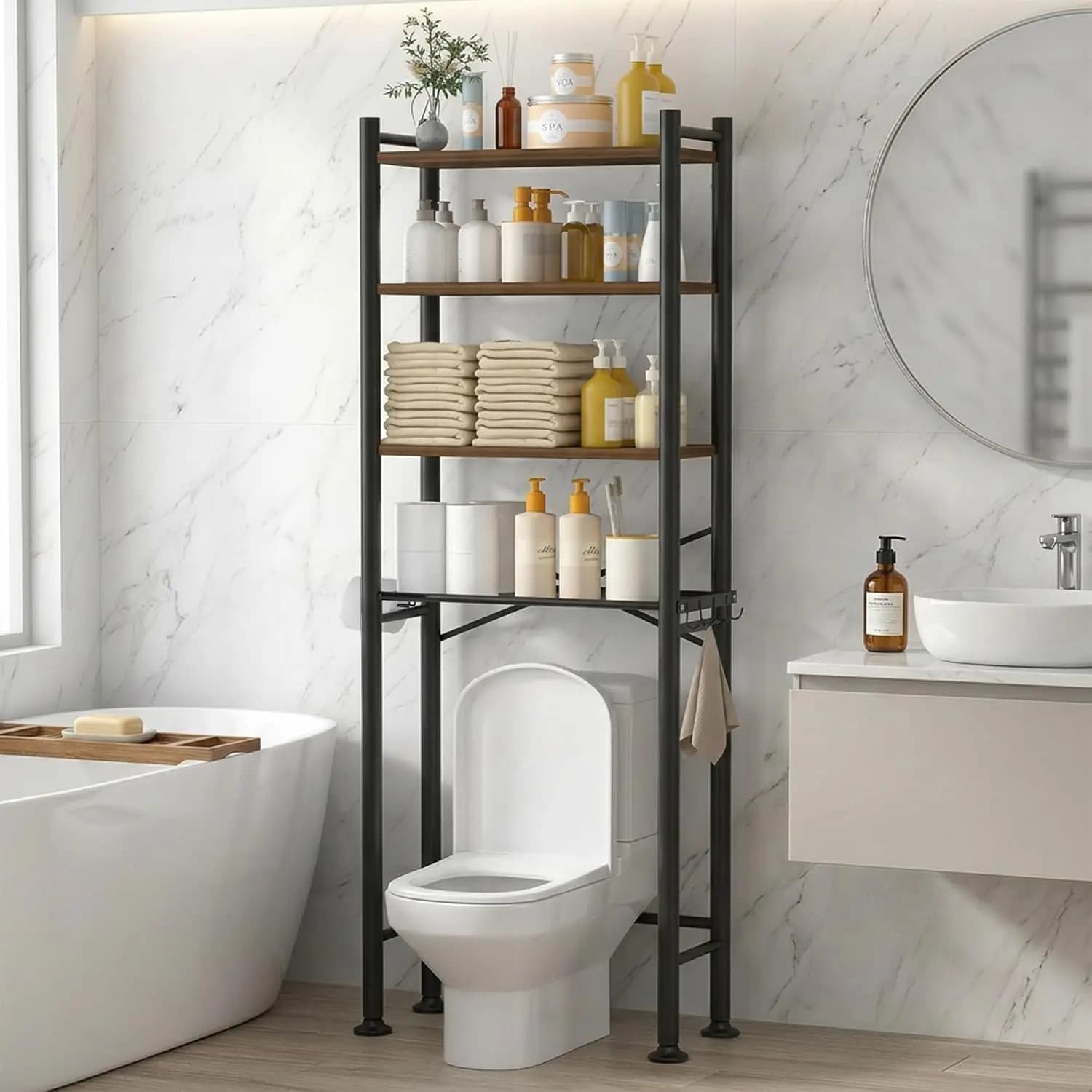 4-Tier Over Toilet Storage, 150lb Capacity, Anti-Tilt Safety, Space Saving Bathroom Shelves with Paper Holder & Hooks, 69.3"H, Brown