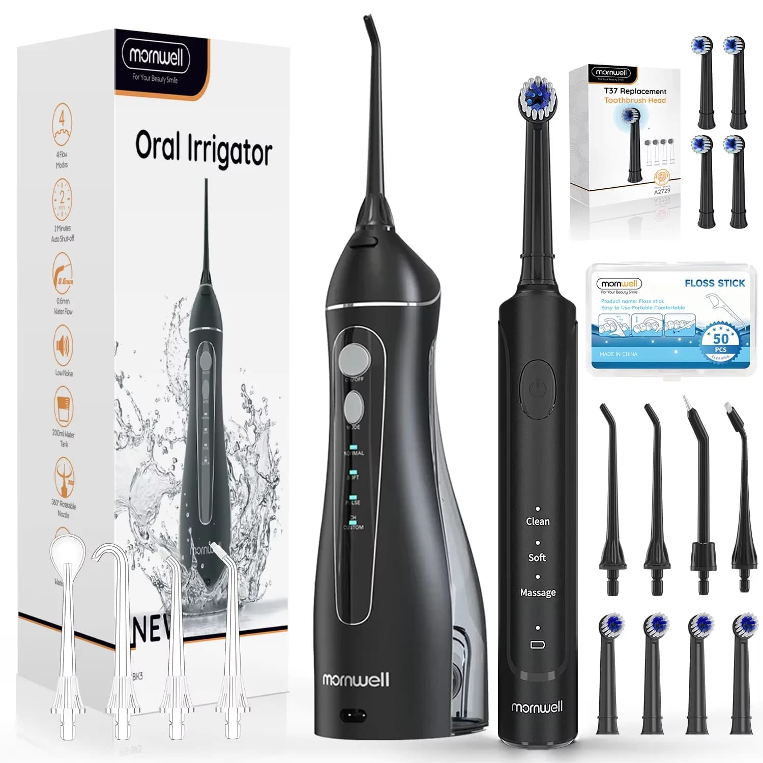 Set Idropulsore Elettrico e Spazzolino Elettrico per Sbiancare i Denti e Proteggere la Salute delle Gengive con 4 Testine e 4 Ugelli per Idropulsore