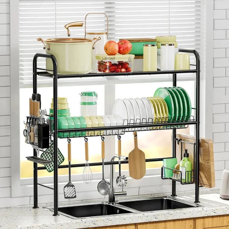 Flat rack over 2 levels sink, adjustable height kitchen utensils shelf with cutting board and detergent storage, anti-rust