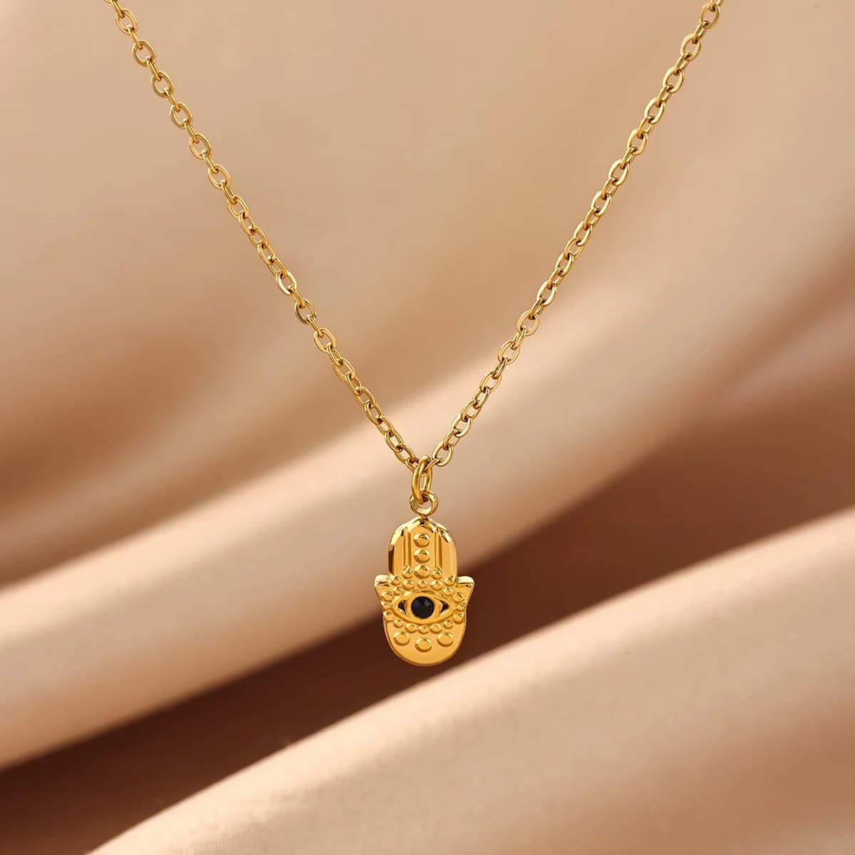 Zircon Hamsa Hand Evil Eye Pendant Necklaces For Women Gold Plated Stainless Steel Necklace Boho Aesthetic Trendy Jewelry Gift