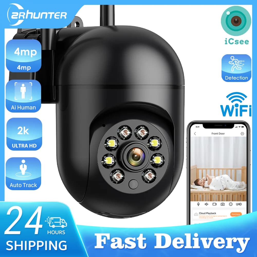Telecamera Wifi esterna da 4MP 2K HD Telecamera di sicurezza IP PTZ Rilevazione automatica Monitoraggio Telecamera a colori notturna per bambini interna Sorveglianza ICSee APP