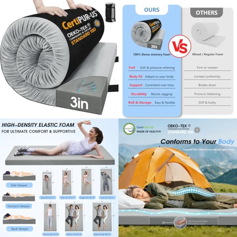 Materassino da campeggio in memory foam da 3 pollici, materassino arrotolabile per auto, tenda, camion, viaggi e ospiti, fondo antiscivolo impermeabile, rivestimento rimovibile