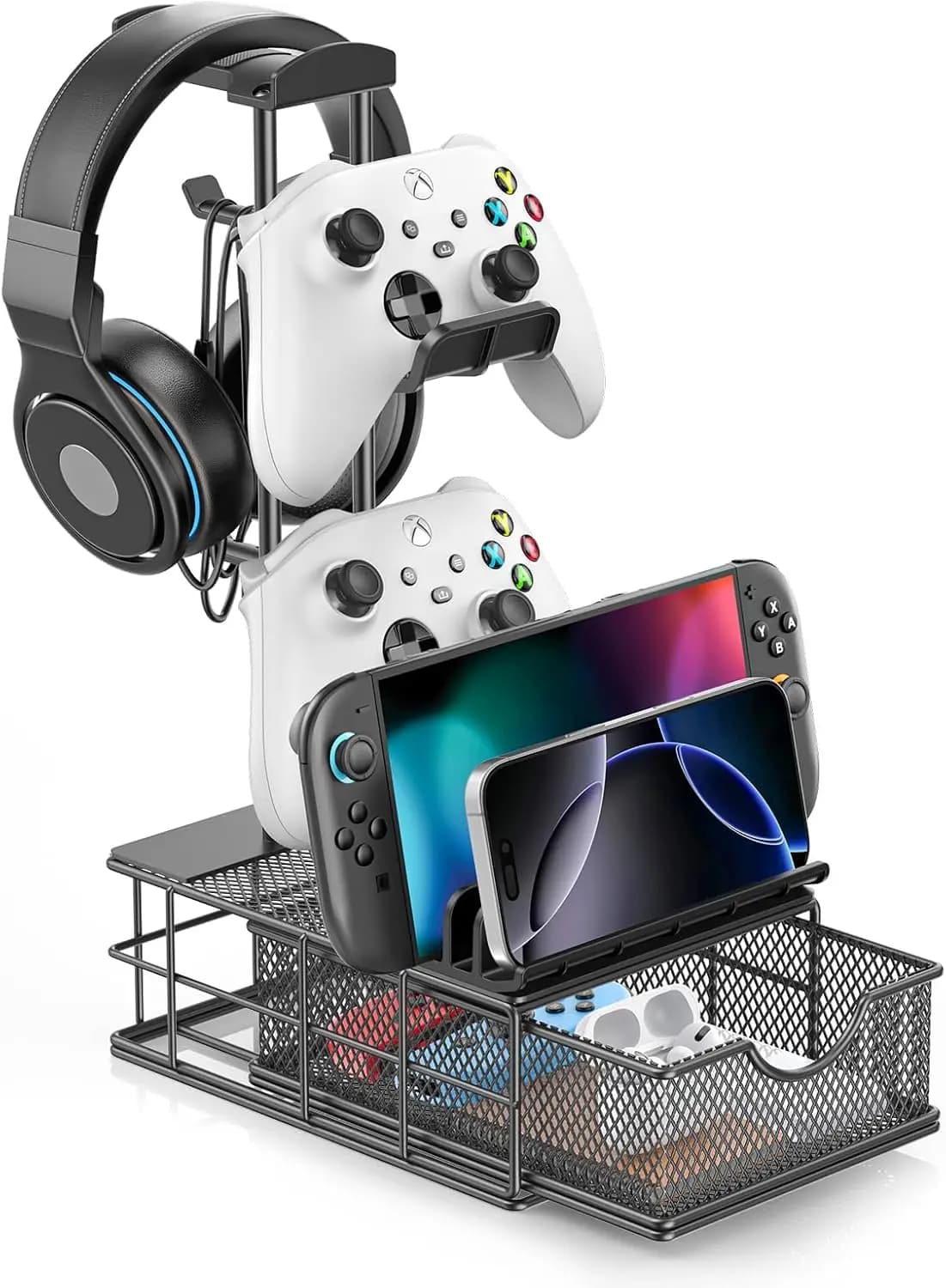 Supporto Universale per Cuffie da Gaming con Cassetto e Organizzatore Cavi - Supporto da Scrivania in Alluminio per Controller e Cuffie