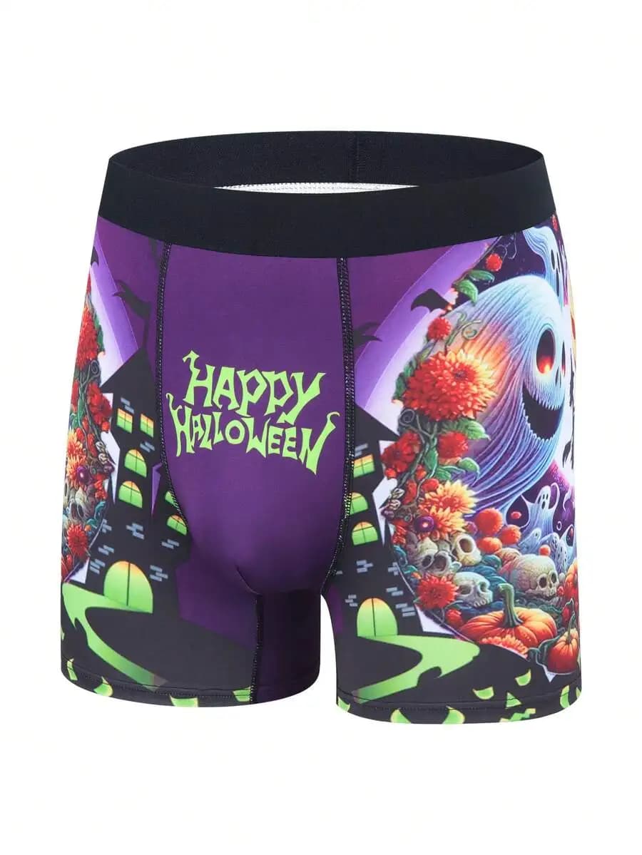 Mens Halloween Print Slim Fit Boxer Briefs With Happy Halloween Lettering