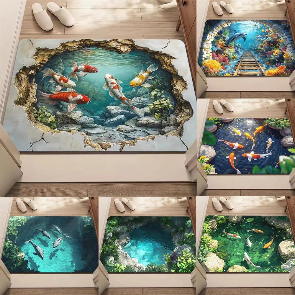 Zerbino per carpa con illusione 3D Tappeto da ingresso unico per laghetto di pesci Koi con effetto acqua realistico Tappetino antiscivolo per la decorazione domestica