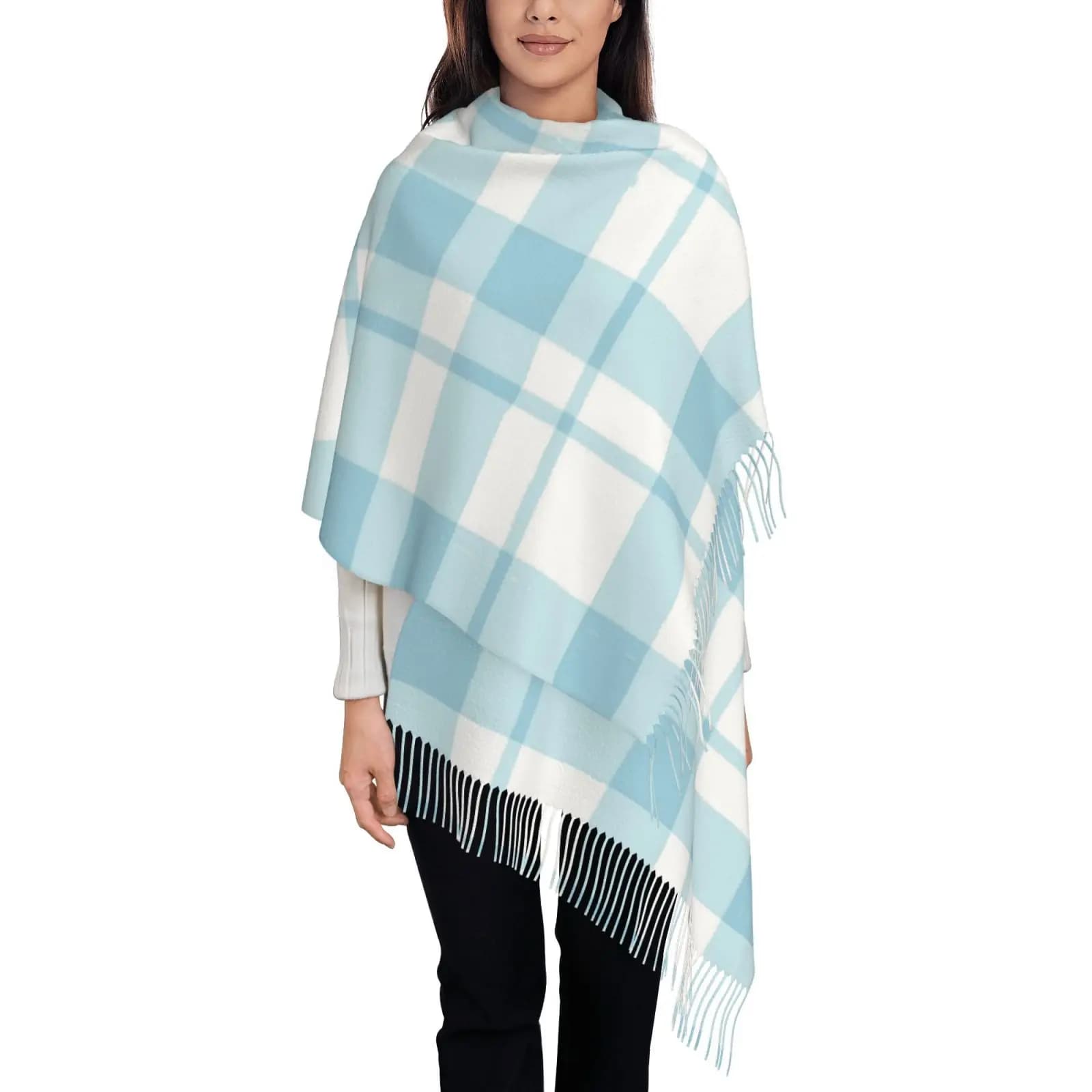 Blue and White Checkered Pattern Vintage Scarf Tassel Scarves Women Soft Warm Shawls and Wraps Long Fall Winter Shawl Wrap