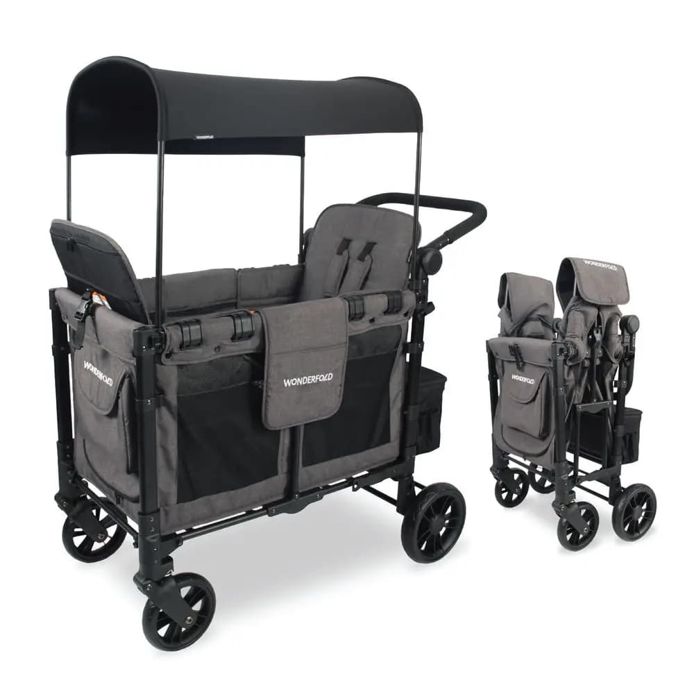 Passeggino Doppio con Sedute Alte, Imbracatura a 5 Punti, Maniglia Regolabile, Protezione UV, Grigio