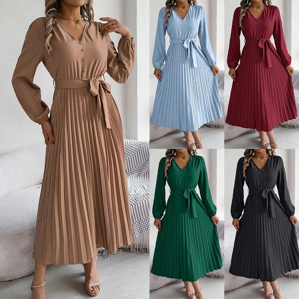 Chic 2026 Autumn Long Maxi Dress Women Winter Elegant V-neck Button-tie Big Pendulum Pleated Long Dress Dress Y2K