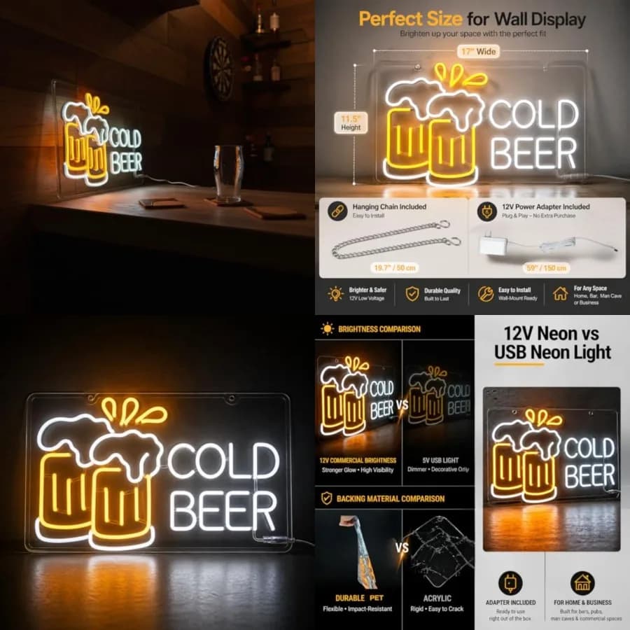 Insegna al Neon 'Cold Beer' per Bar e Casa - Luce LED Flessibile in PET Resistente per Pub, Man Cave, Garage - Regalo Unico per Uomini