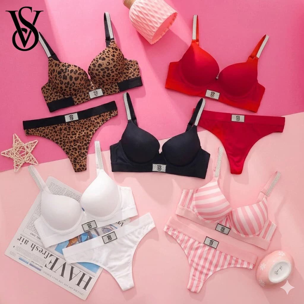 Set reggiseno e slip Victoria's Secret da donna, push-up, senza ferretto, comodo, per tutti i giorni, in pizzo senza cuciture.