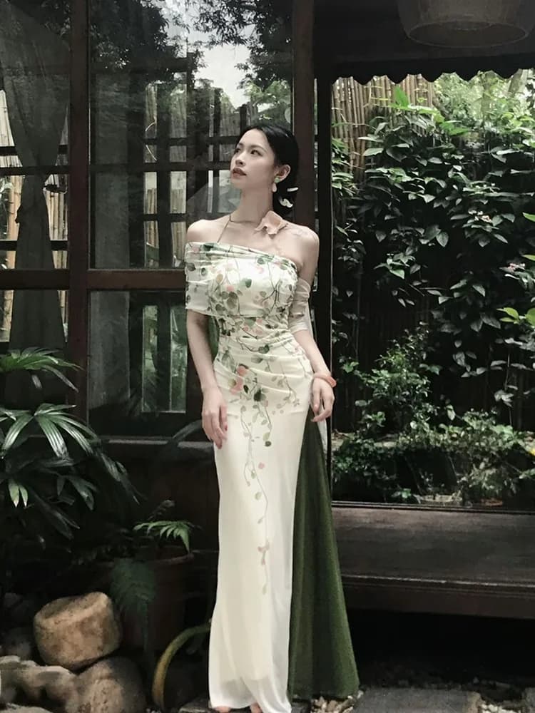 New Chinese Style Spliced Fish Tail Skirt Women's Summer High Waist Print One Shoulder Dress City Commuting Date Party Ball E...