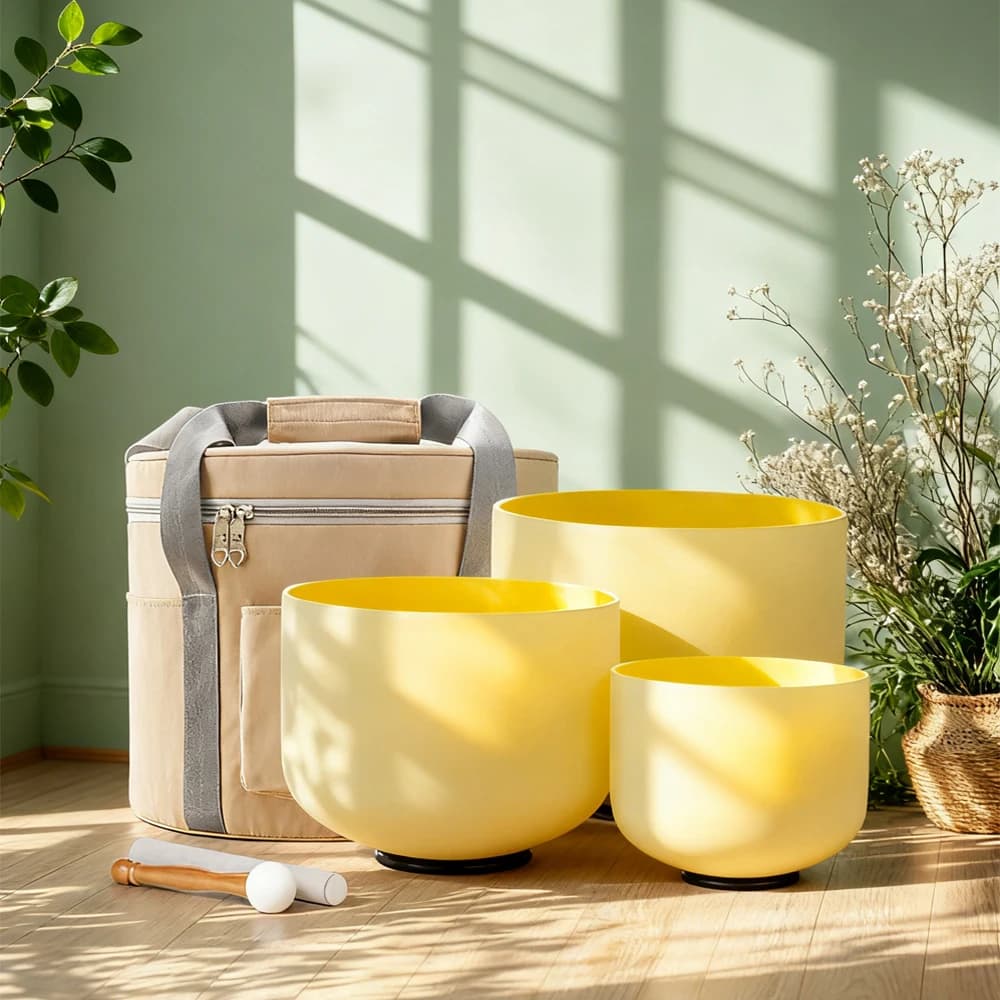 Hye-eun 8-12inch Yellow 3pcs 440hz/432hz Quartz Crystal Singing Bowl Set with Bag for Energy Healing Sound Bowls Meditation Set