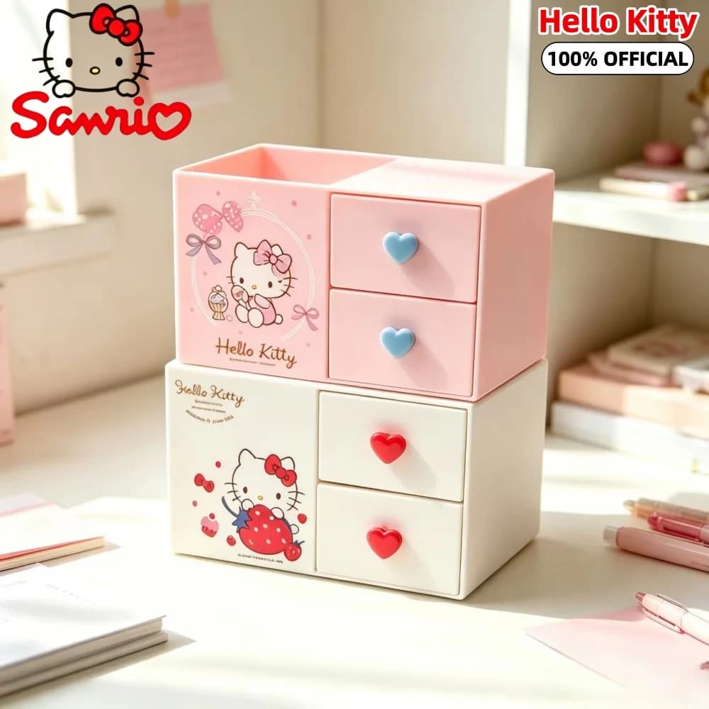 Genuine Sanrio Cartoon Drawers Pen Holder Hello Kitty Desktop Makeup Brush Organizer For Bedroom Study Room Cosmetics Stationery
