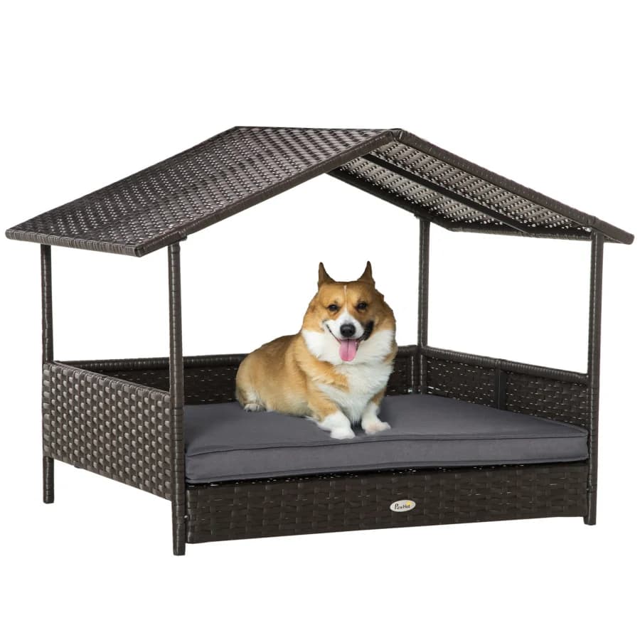 Cuccia per Cani PawHut in Vimini da Esterno con Tettoia, Letto per Cani in Rattan con Cuscino Impermeabile per Cani di Piccola e Media Taglia, Grigio
