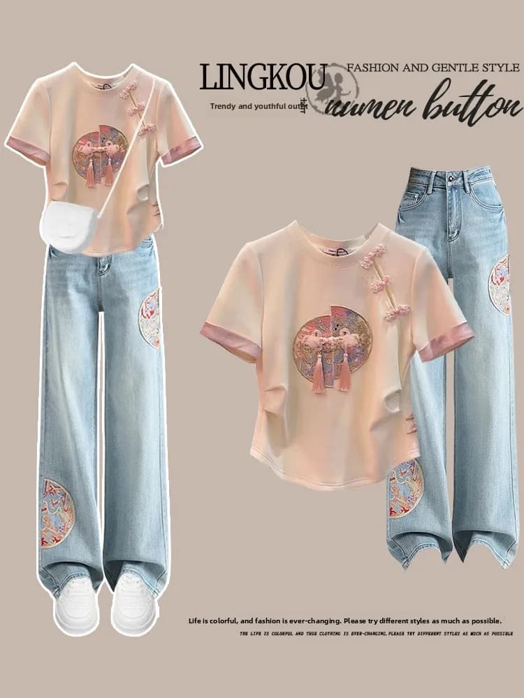 Large Size Summer Outfit Women's Short Sleeve T-Shirt And Wide Leg Pants Set Traditional Chinese Style Jeans Complete Ensemble