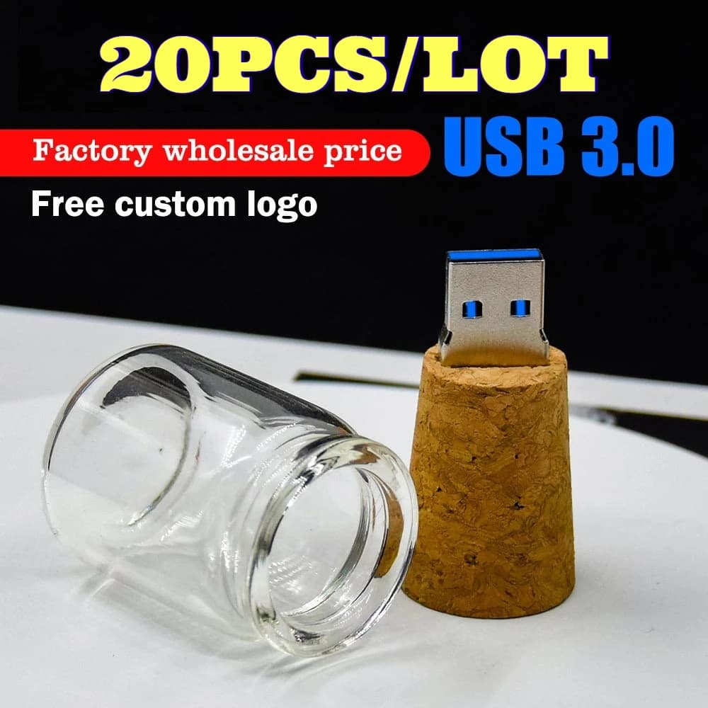 20 pz USB 3.0 chiavetta USB 8 GB 16 GB 32 GB 64 GB chiavetta di memoria in vetro bottiglia alla deriva U disco scatola di legno + bottiglia dei desideri regalo di nozze