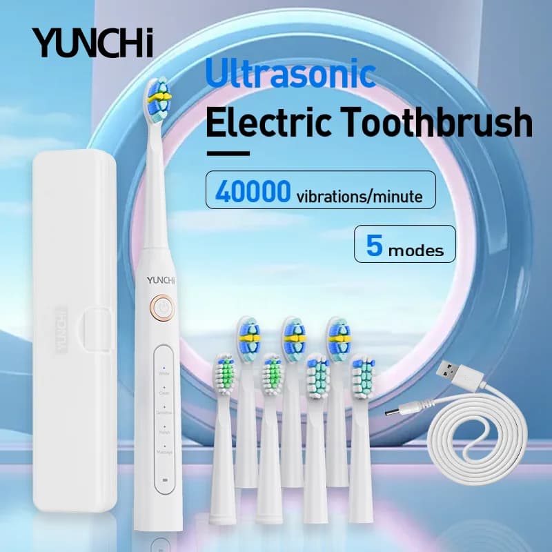 YUNCHI Set spazzolino elettrico per adulti con 5 modalità di funzionamento e 40000 vibrazioni ad alta frequenza. Ricarica USB, impermeabile